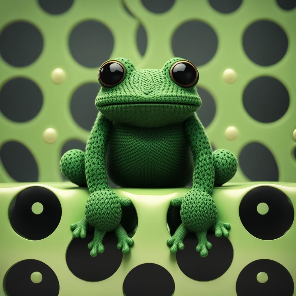 Green Knitted Frog with Black Spots, Detailed Matte Painting