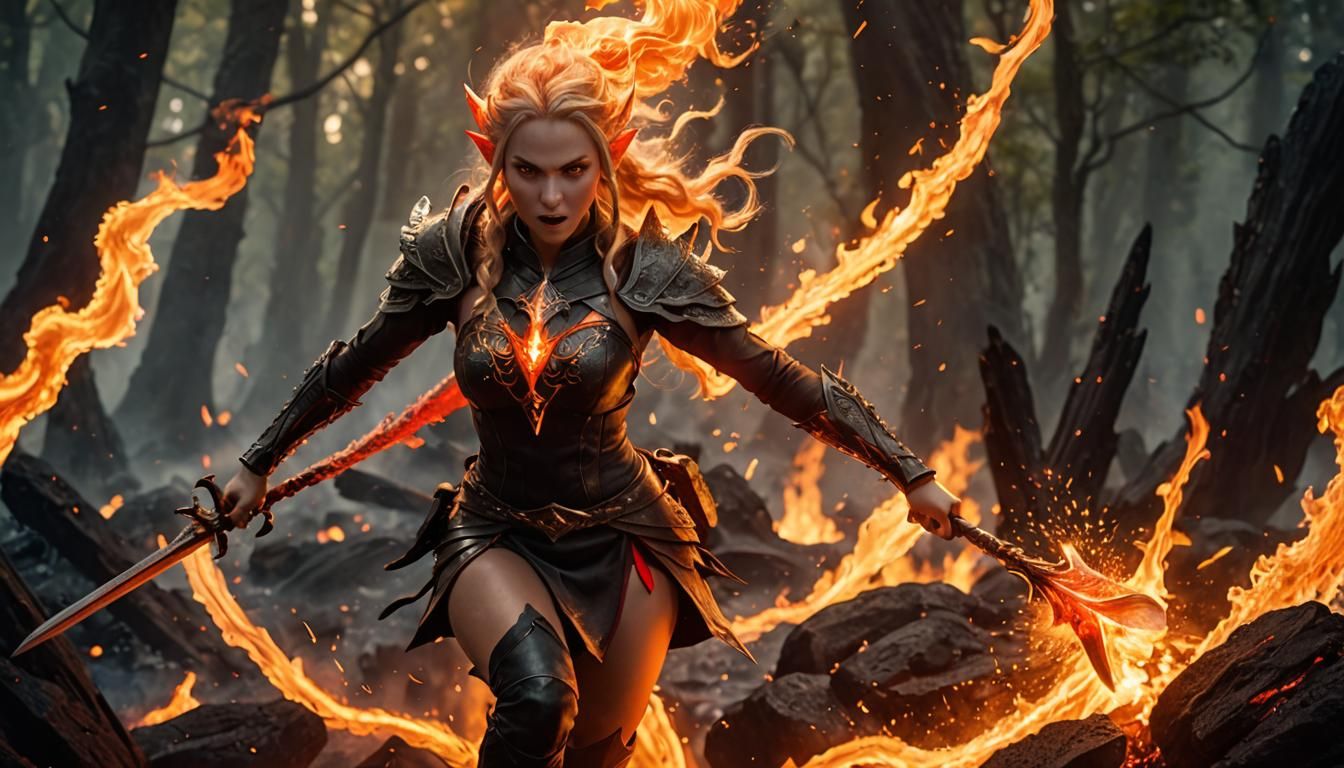 Elf Warrior Battles Fire Elemental, Volcanic Eruption