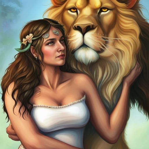 Fairy Goddess Hugging a Lion in Film Style