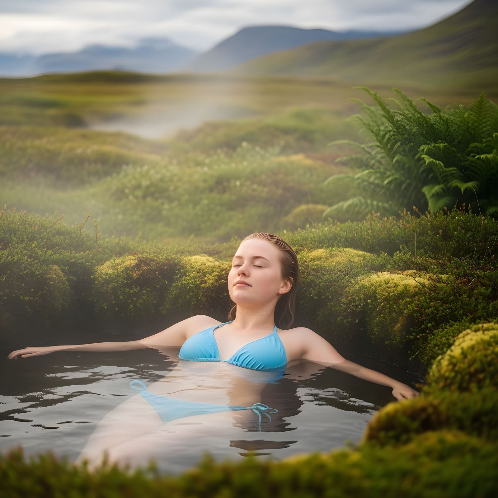 Relaxing Icelandic Woman in Natural Hot Tub