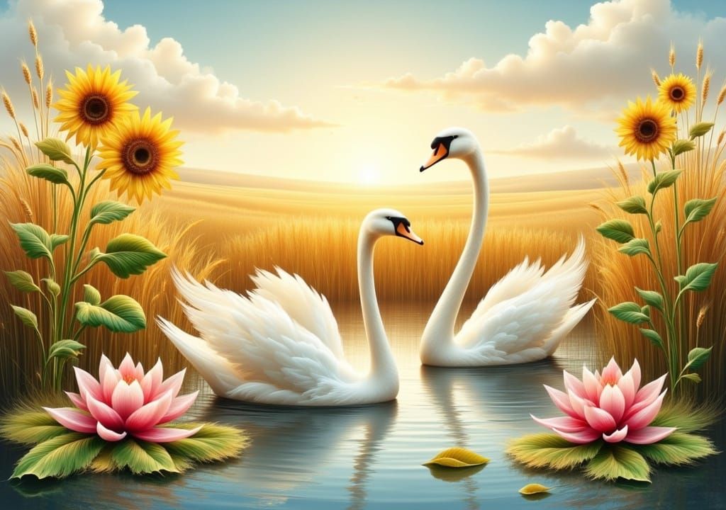 Swans in Pond with Lilies and Sunflowers