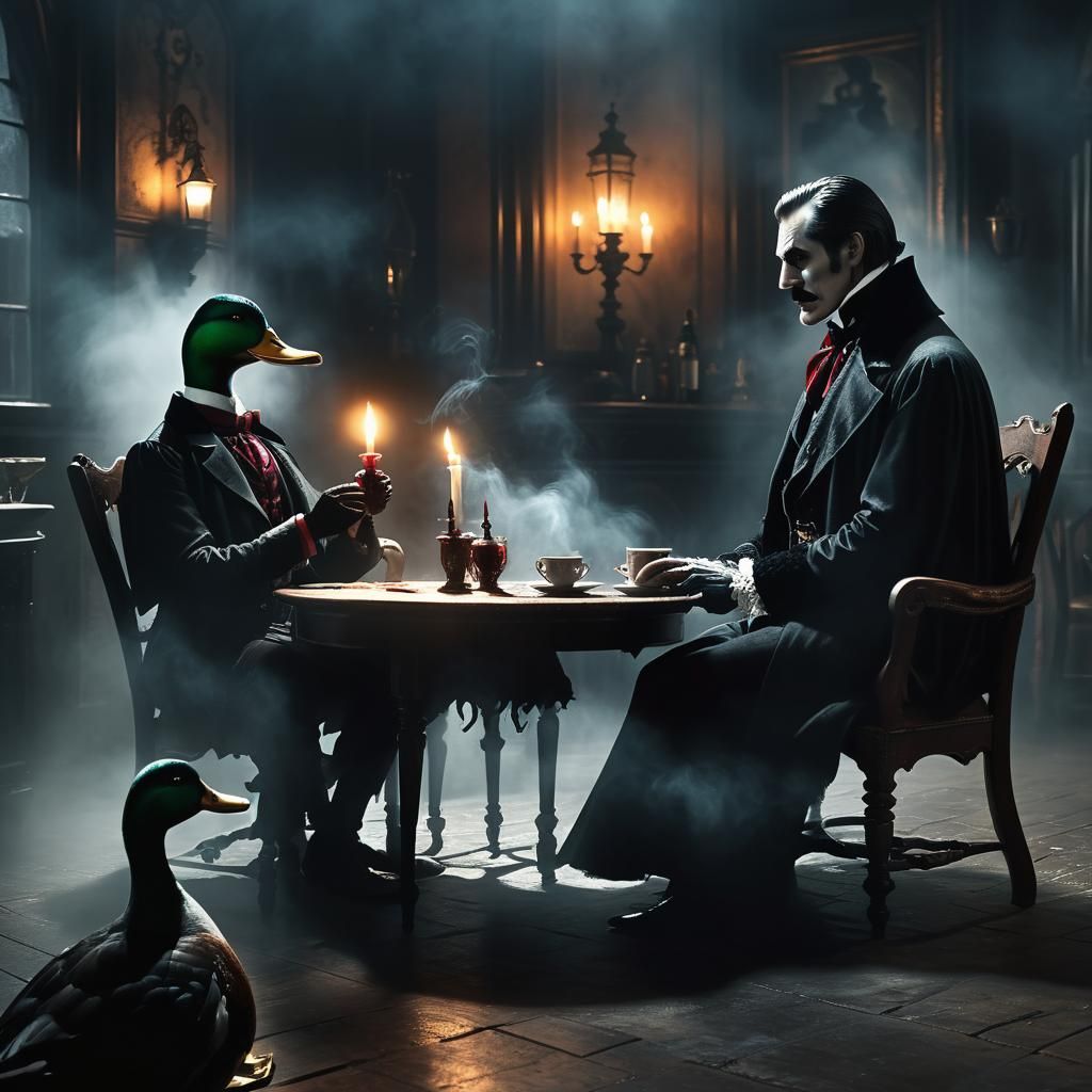 Duck and Dracula in Gothic Cafe: Charcoal Drawing