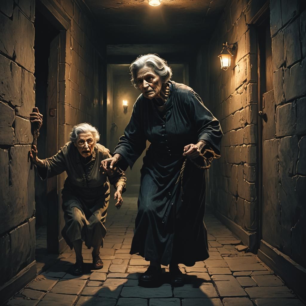 Evil Grandma Dragging Innocent Person: Dark Fantasy