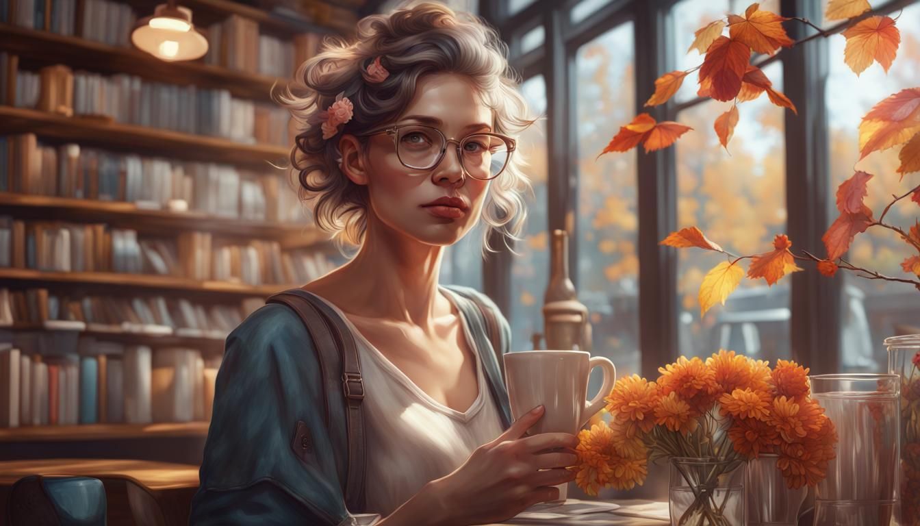 Woman in Cafe: Hyperdetailed Autumn Portrait