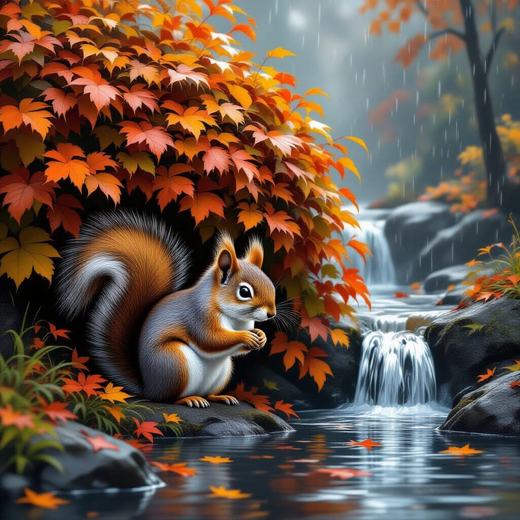 Fluffy Squirrel Hides Under Bush By Waterfall