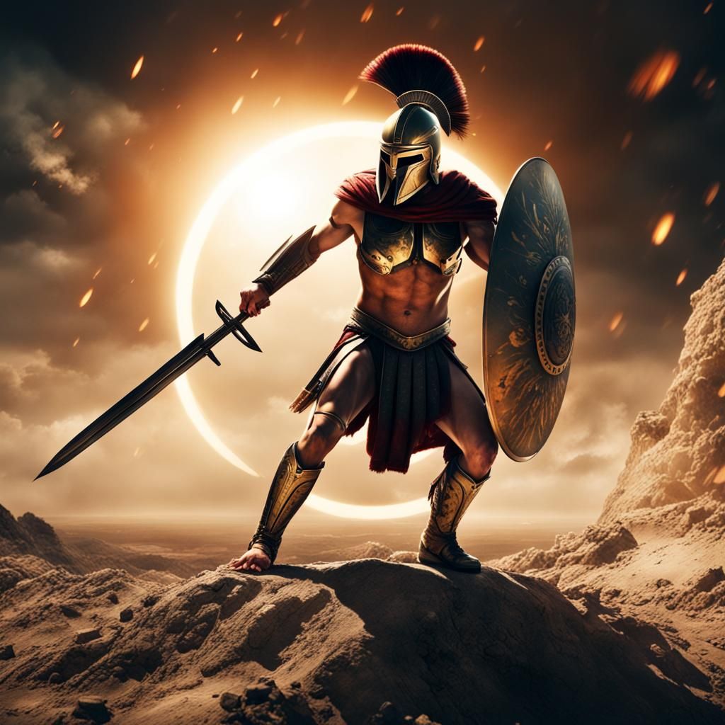 Epic Spartan Warrior Under Solar Eclipse