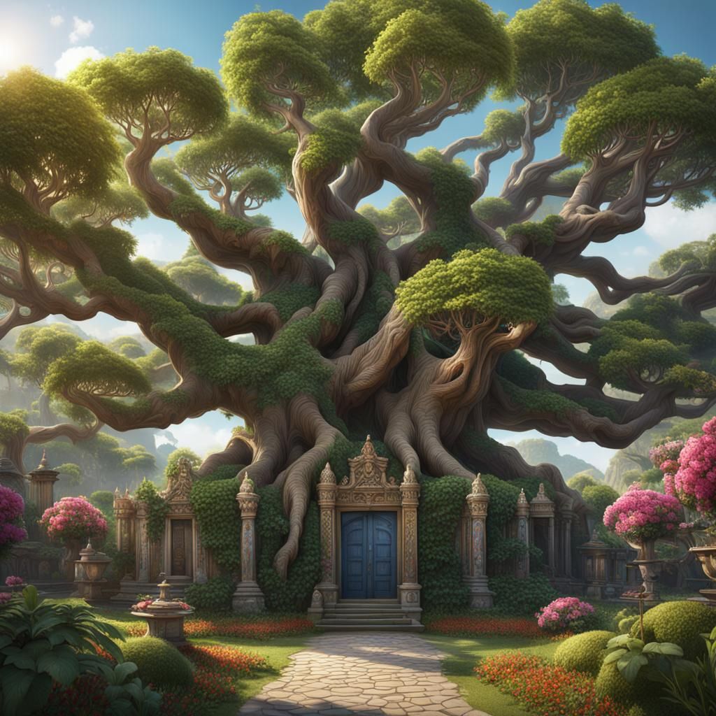 Banyan Tree House in a Garden, Hyperrealistic Detail