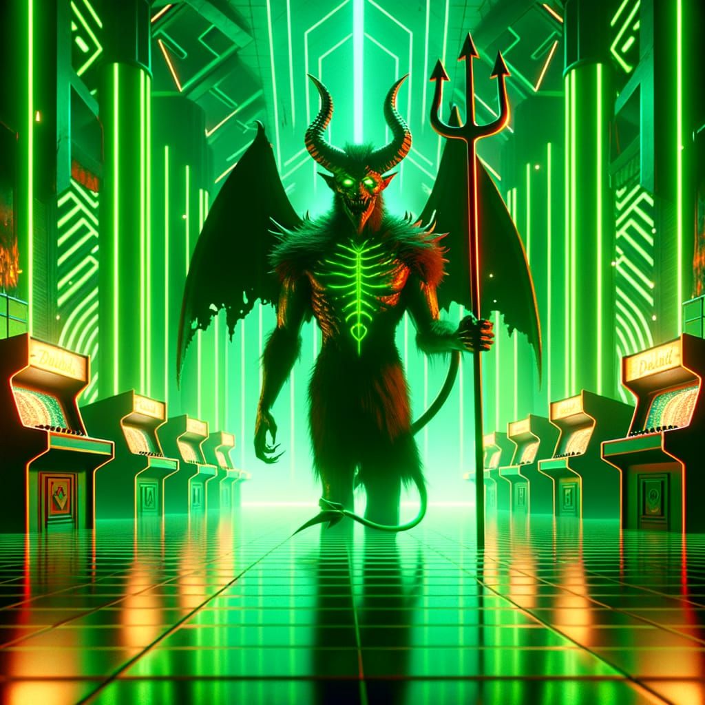 Ethereal Green Devil in Neon Synthwave Retro
