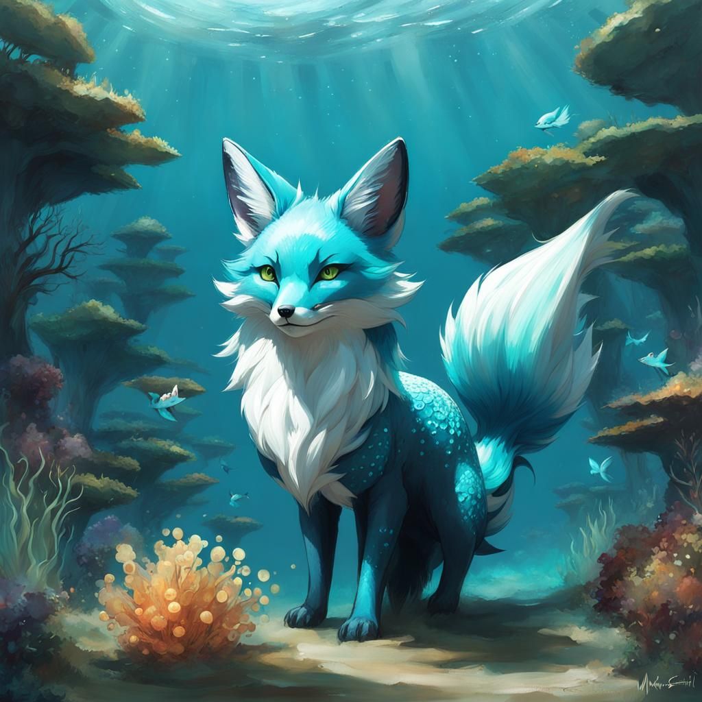 Whimsical Sky Blue Vaporeon Fox Hybrid