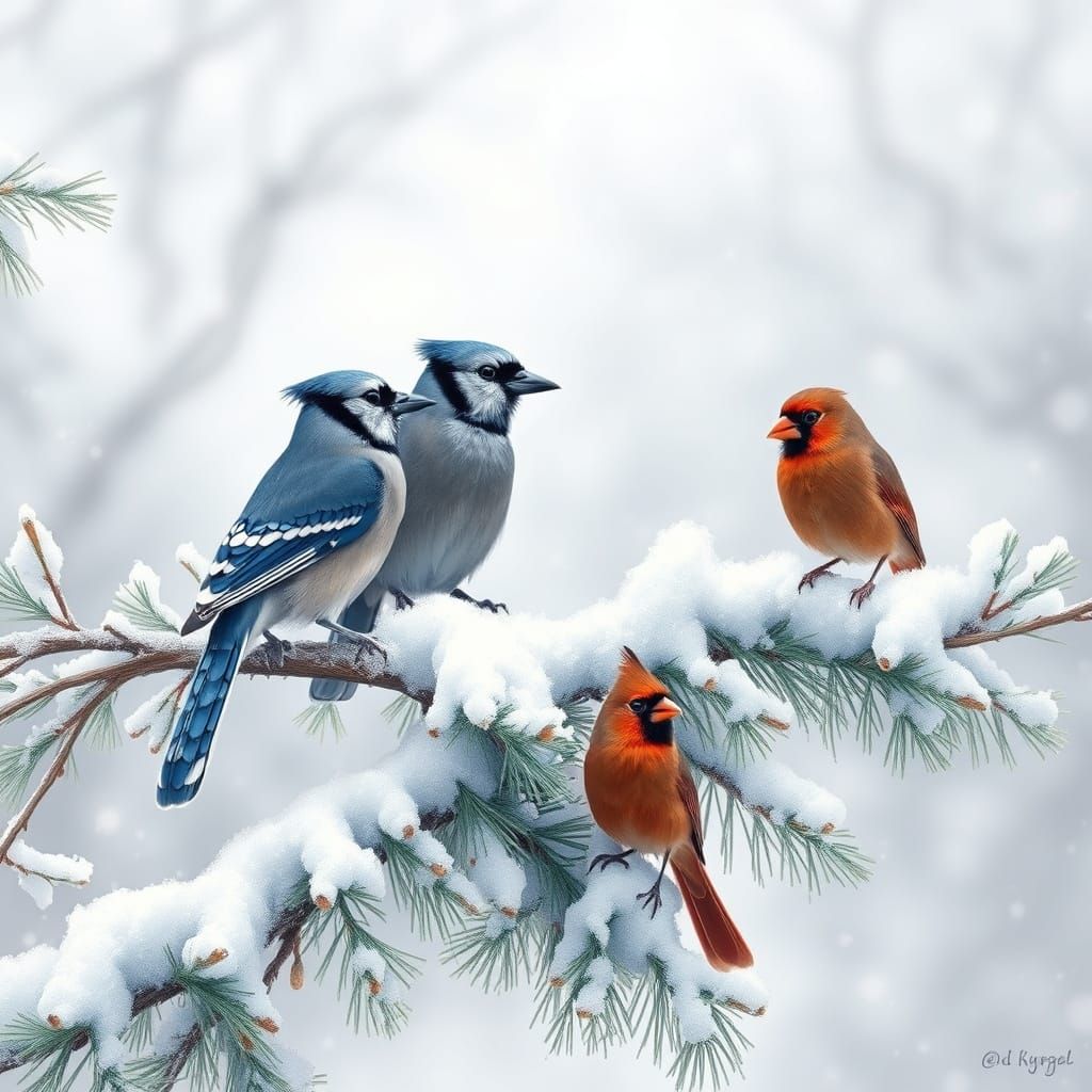 Vibrant Birds in Winter Wonderland Scene