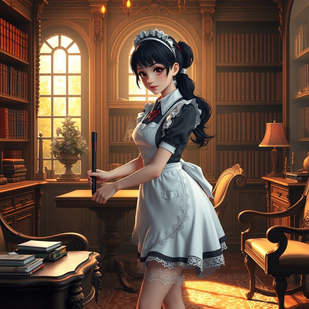 Latina Maid Cleaning Study in 3D Anime Style