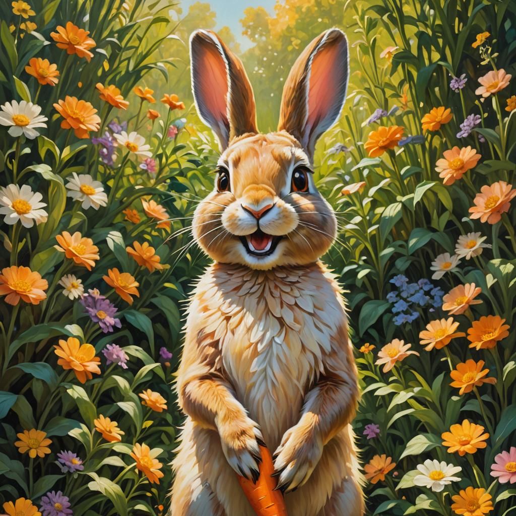 Anthropomorphic Rabbit with Carrot in Impressionistic Oil Pa...