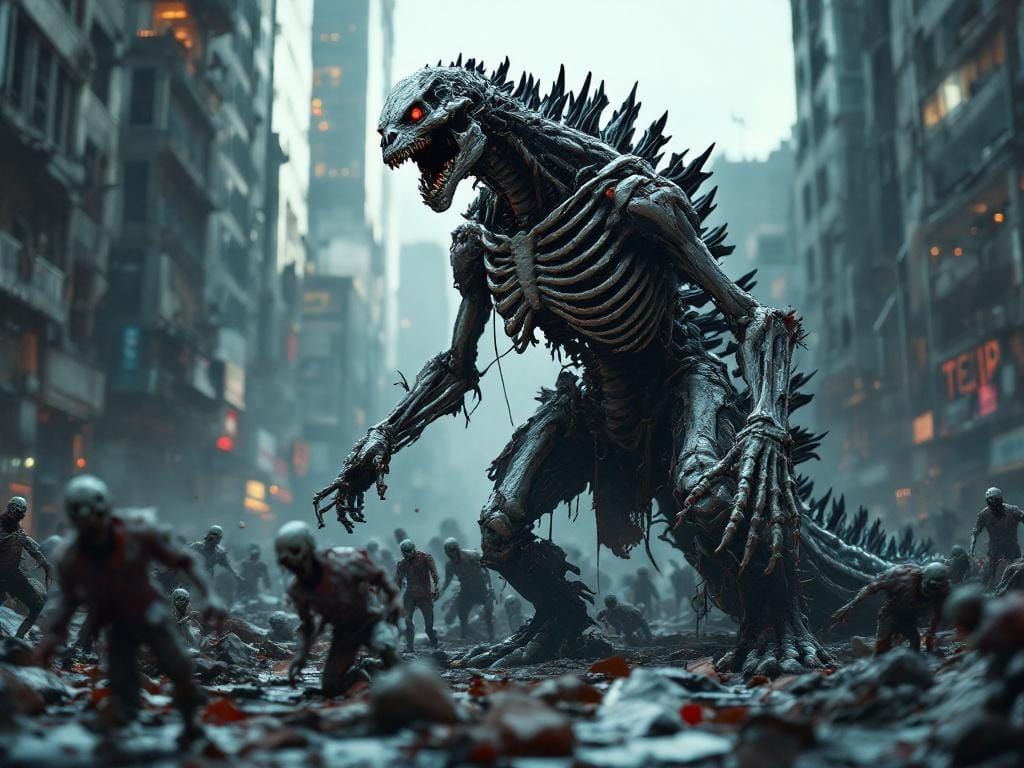 Godzilla Zombie Skeleton in Ravaged City
