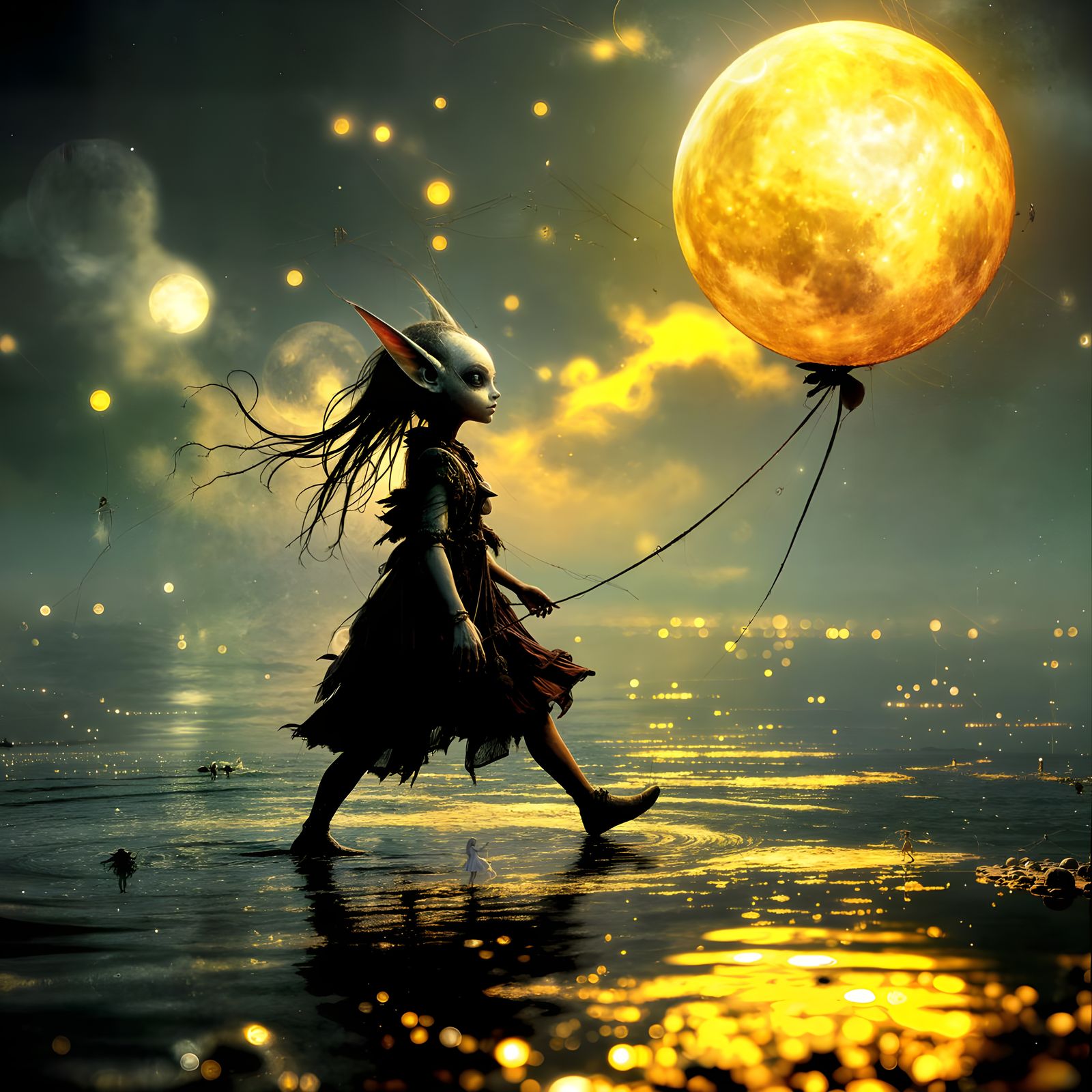 Alien Child Holds Moon Balloon Over Water