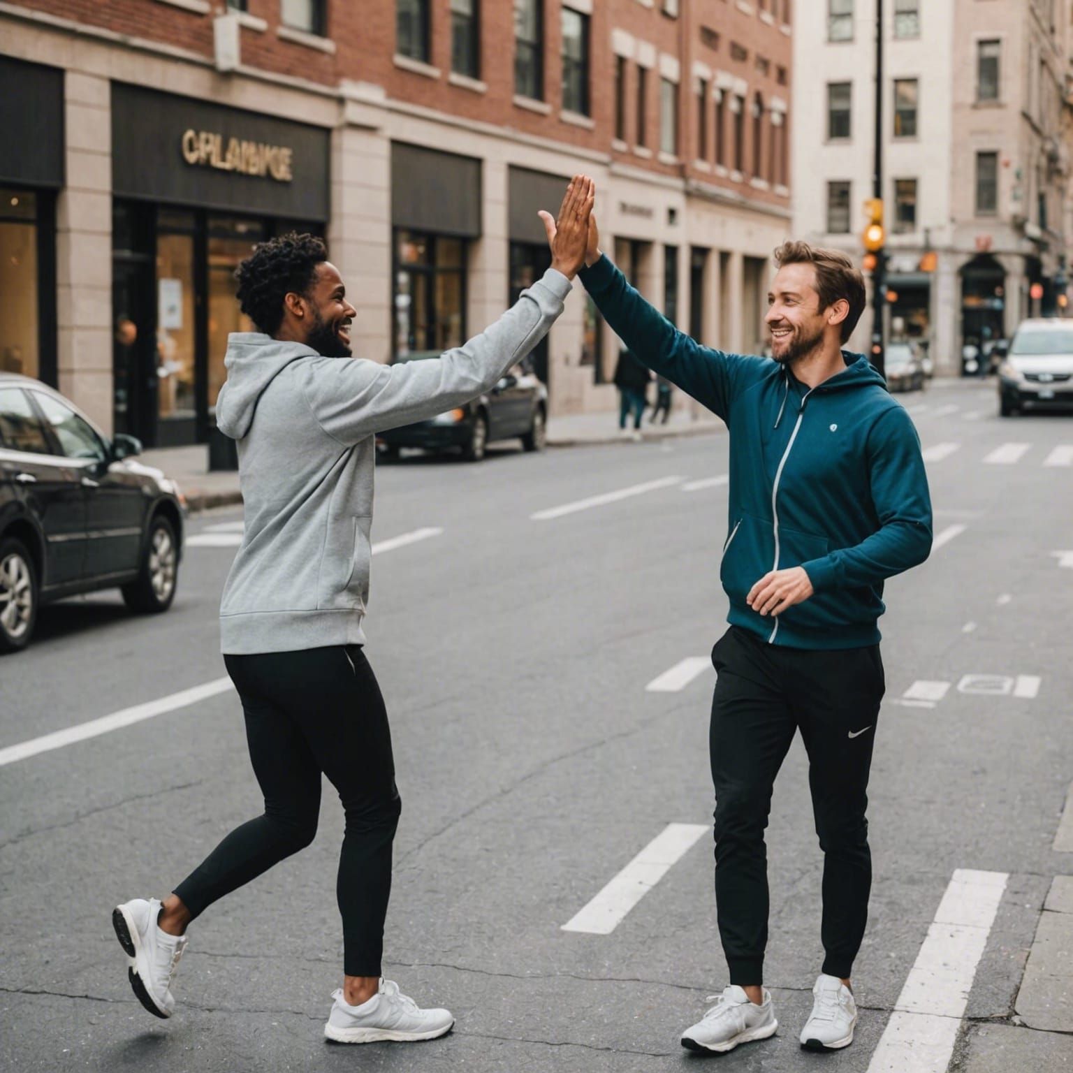 Friends Give High Five as They Sprint Down City Street