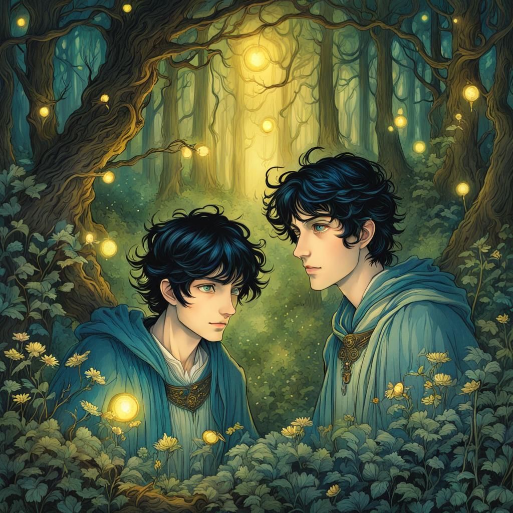 Fairytale Forest Fireflies in Anime Rackham Style
