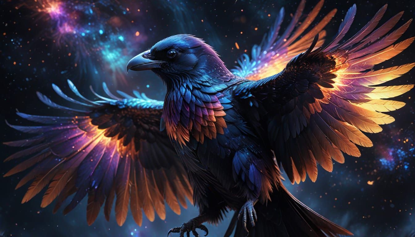 Iridescent Raven Wings Shimmer in Starlight