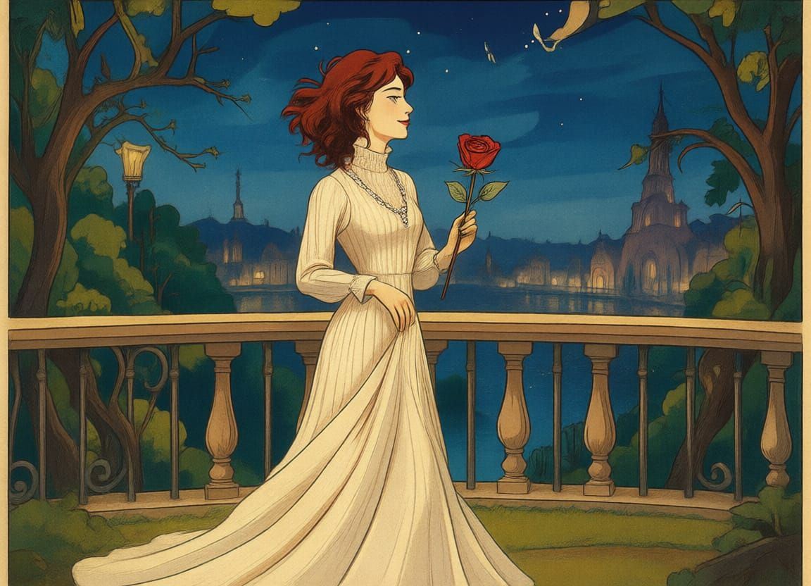 Elegant Woman in Vintage Gown on Art Nouveau Balcony