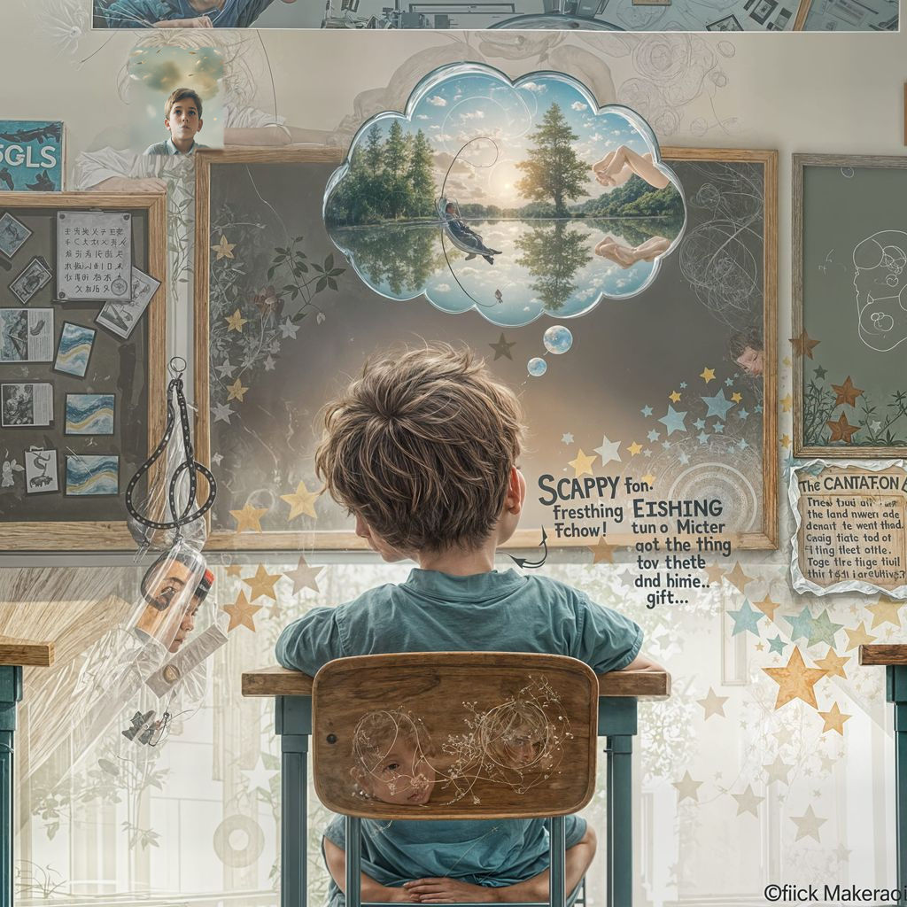 Dreamy Double Exposure: Boy's Fishing Fantasy