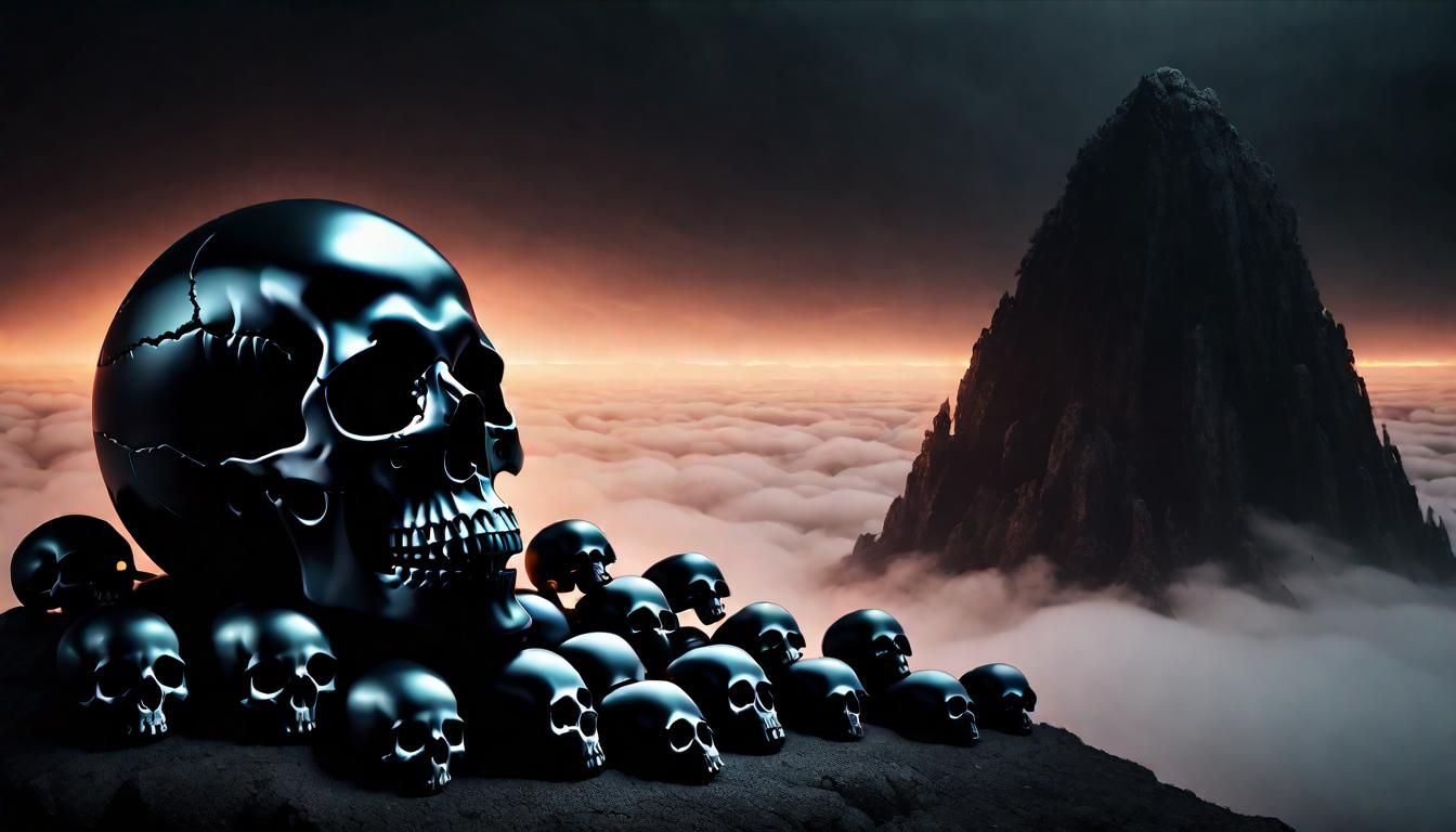 Mystical Obsidian Orb Above Skulls in Ethereal Fog