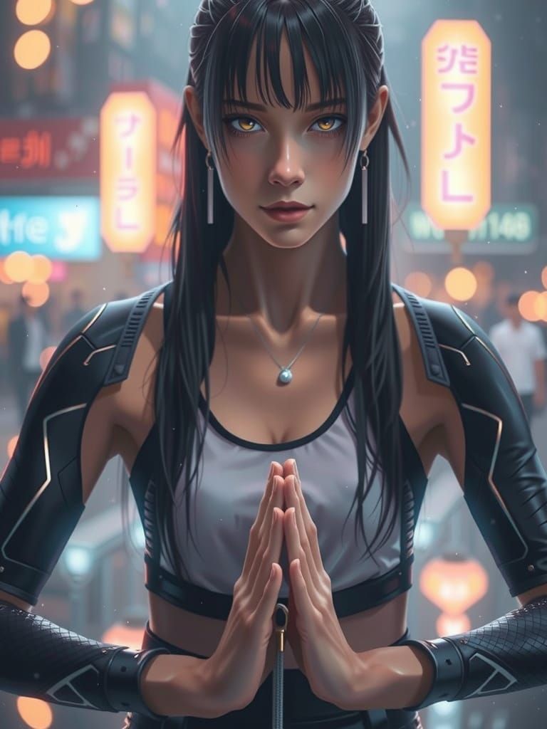 Futuristic Anime Woman in Prayer Pose at Night