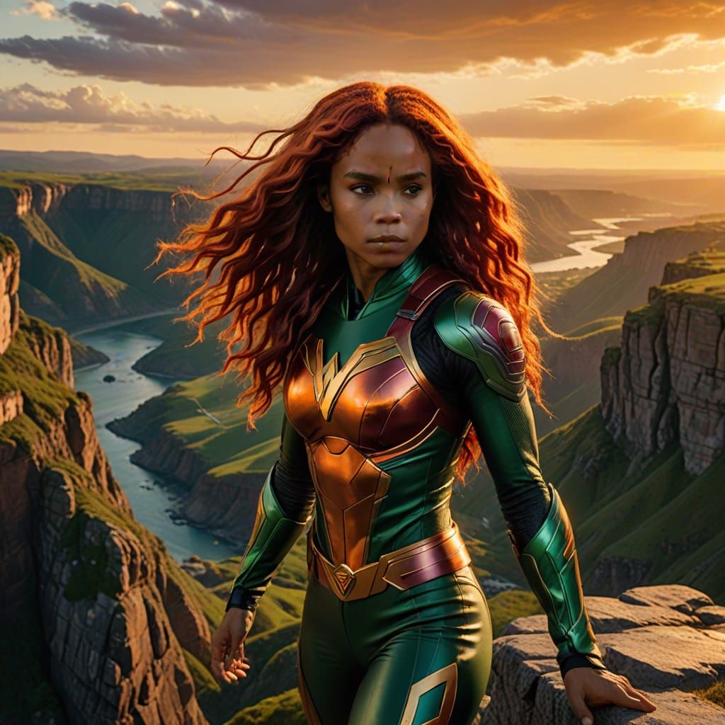 Starfire on a Cliff in Comic Book Style