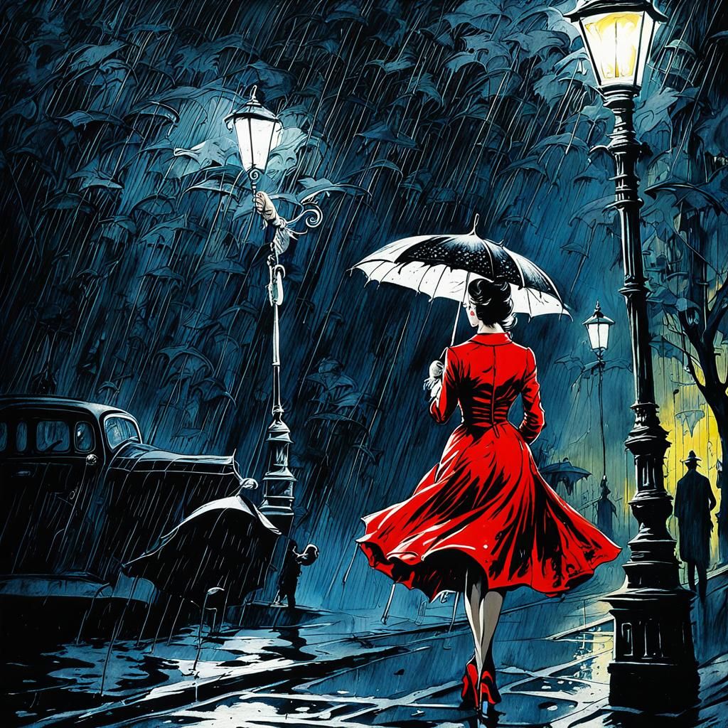 Film Noir Woman in Red Under Street Lamp