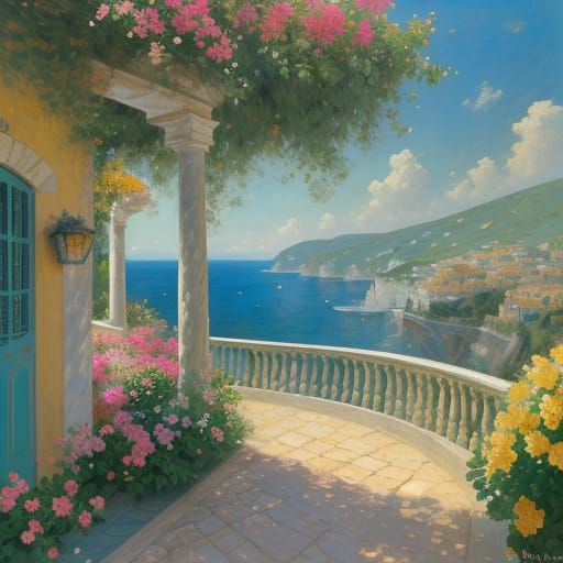 Italian Villa on Amalfi Coast in Impressionist Style