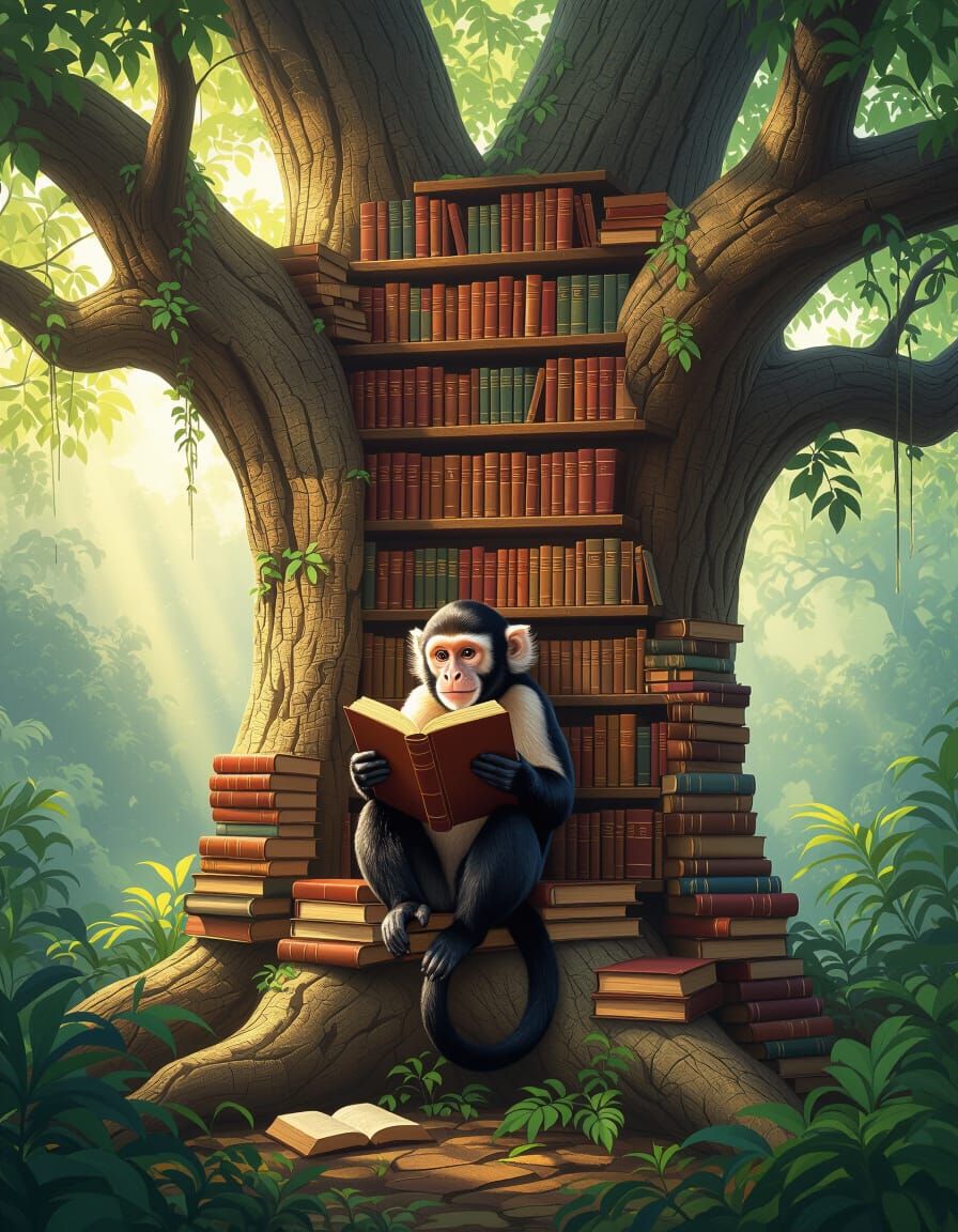 Monkey Reading Books on Ancient Tree in Magical Rainforest