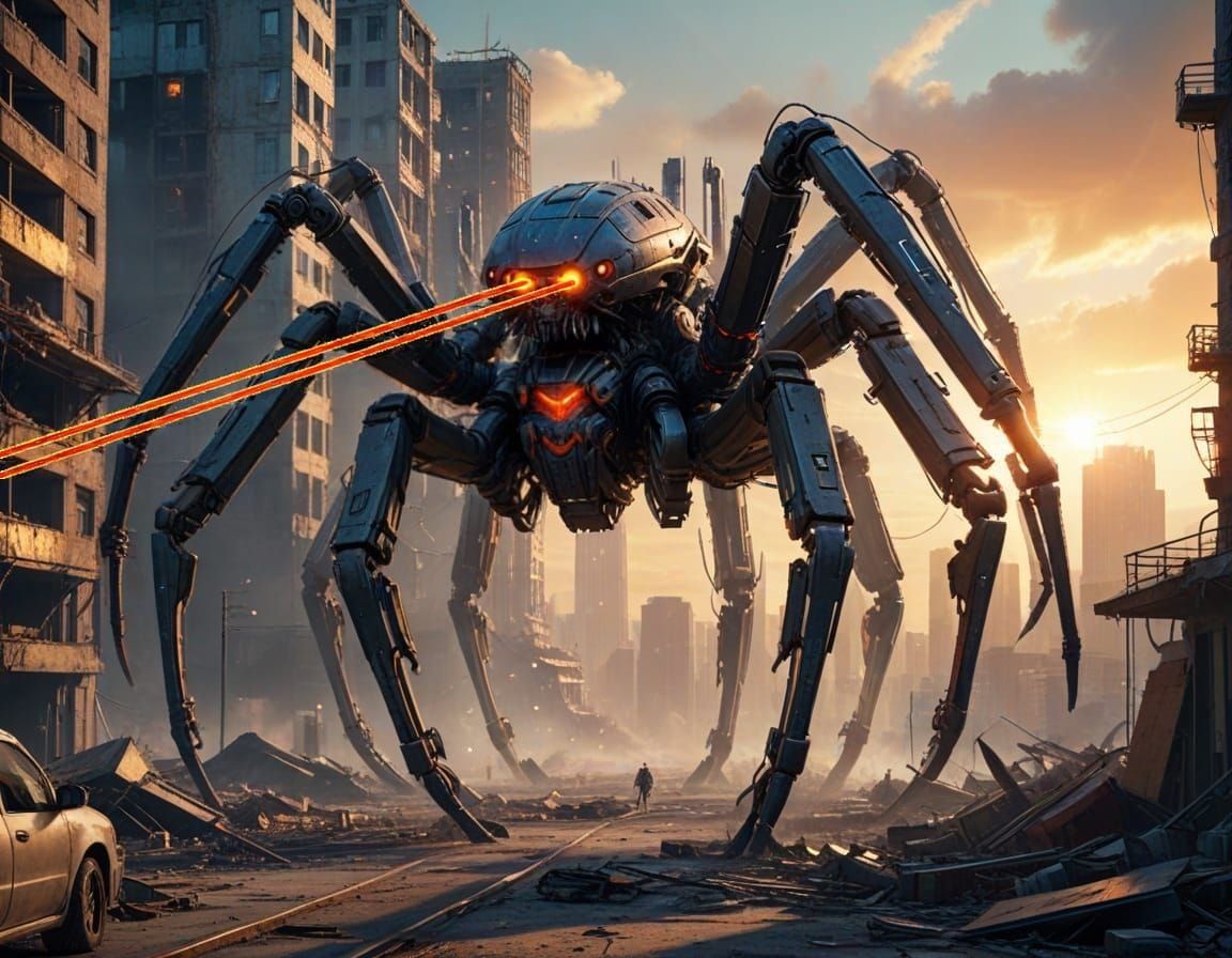 Giant Mechanical Spider Fires Flaming Laser Eyes