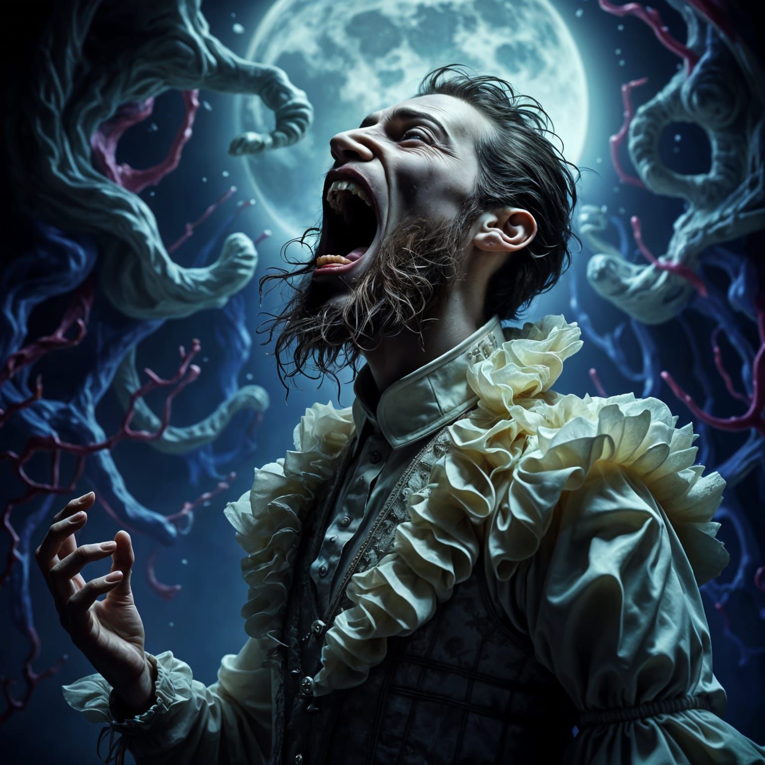 Surreal Victorian Woman Screams to the Moon in a Hyperrealis...