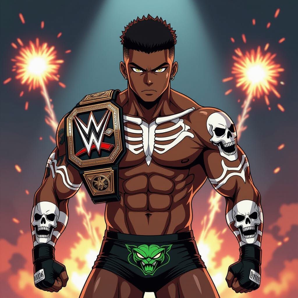 Anime Wrestler With Skeleton Tattoos Holds Championship