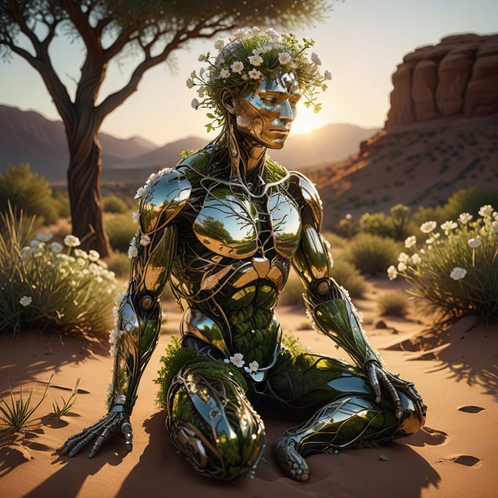 Nature Embodied: Glass Figure with Branches and Flowers