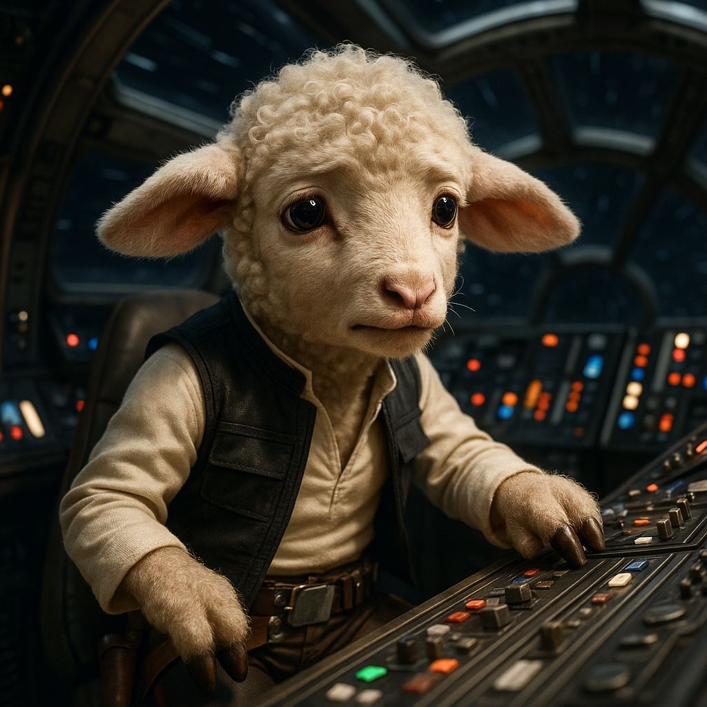Lamb as Han Solo Worried in Millennium Falcon