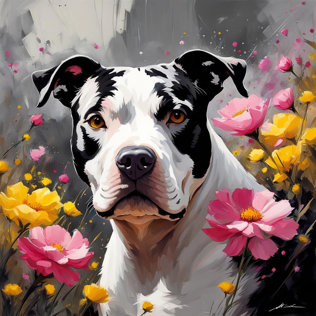 Smiling Pitbull Portrait with Floral Background as Oil Paint...