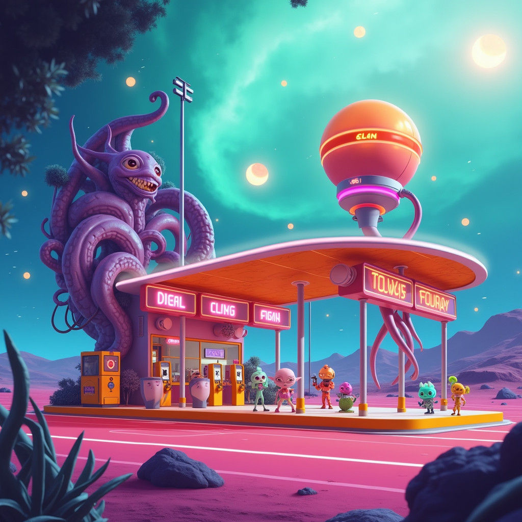 Whimsical Alien Gas Station on a Kaleidoscopic Planet
