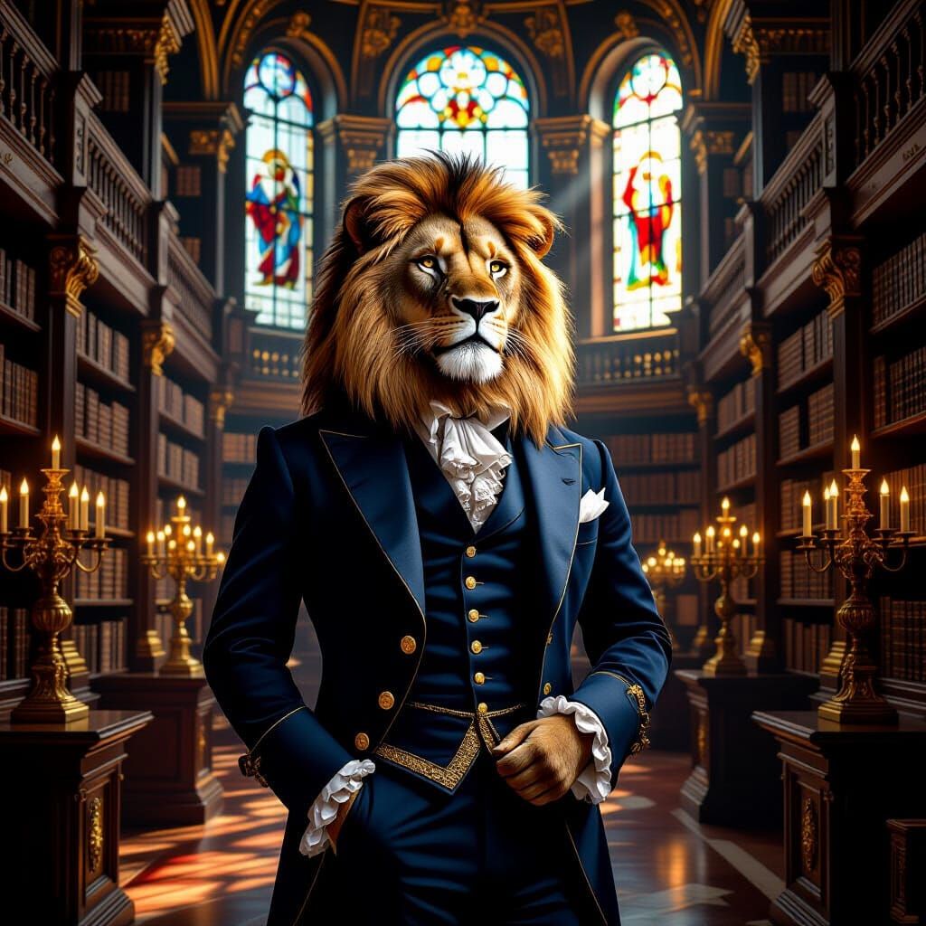 Lion in Library: Baroque Style Portrait