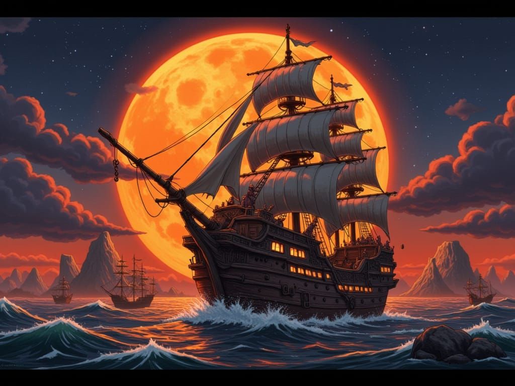 Steampunk Pirate Ship in Style of Album Cover Art