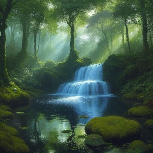 Luminous Water Droplet Reflecting Forest in Pre-Raphaelite S...