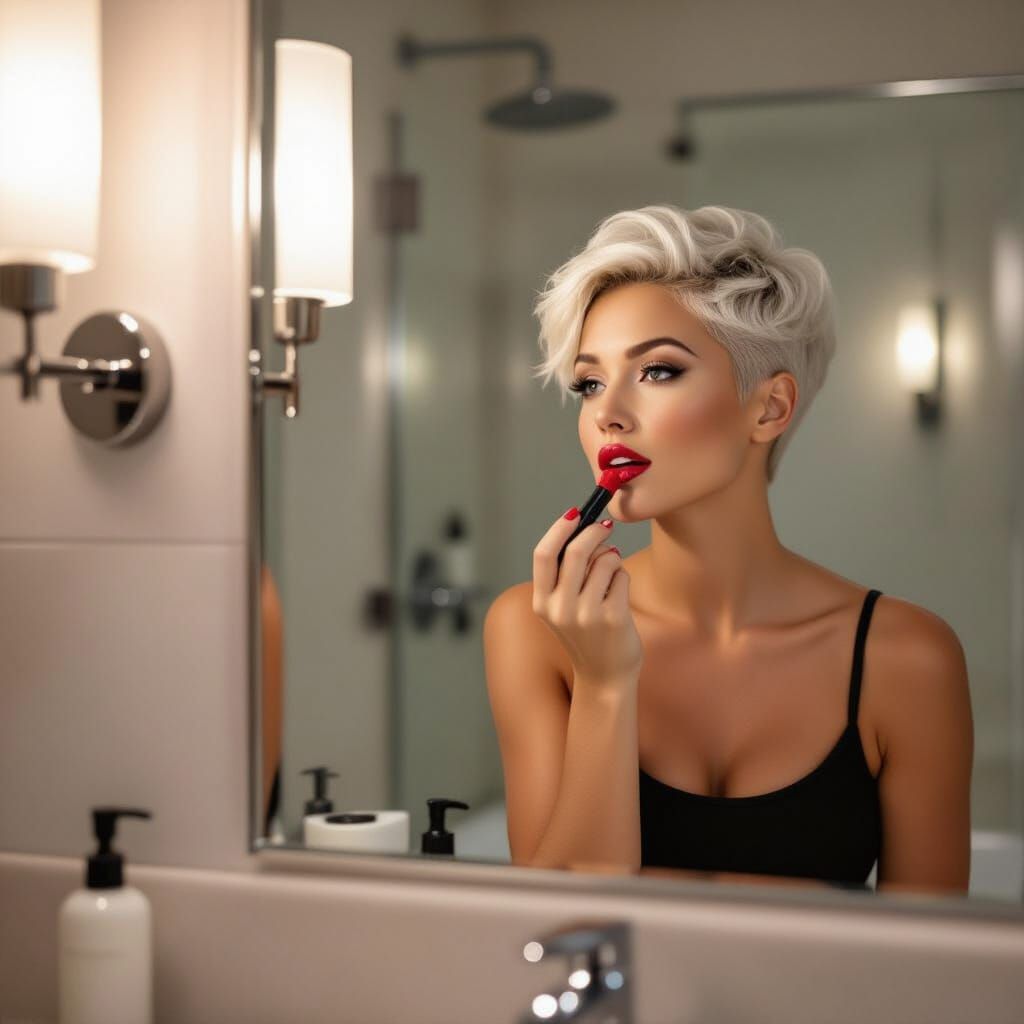 Woman Applying Lipstick in Luxurious Bathroom