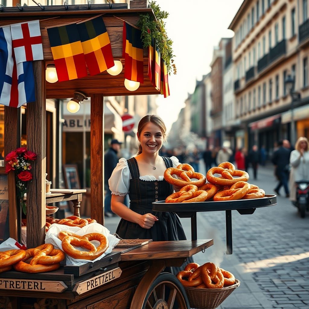 German Pretzel Cart on Bustling City Street