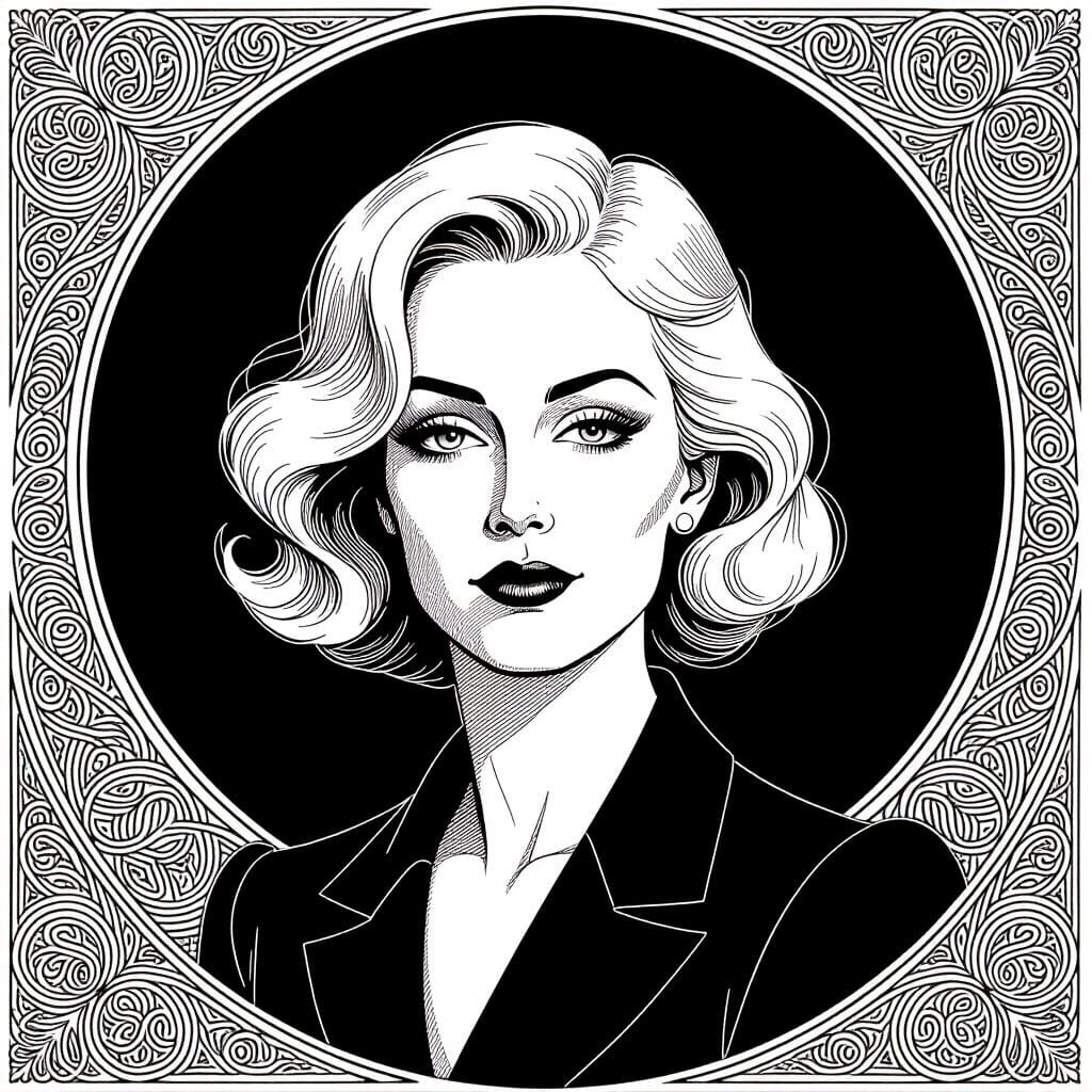 Abstract Line Art Portrait of a Blonde Woman in Black and Wh...