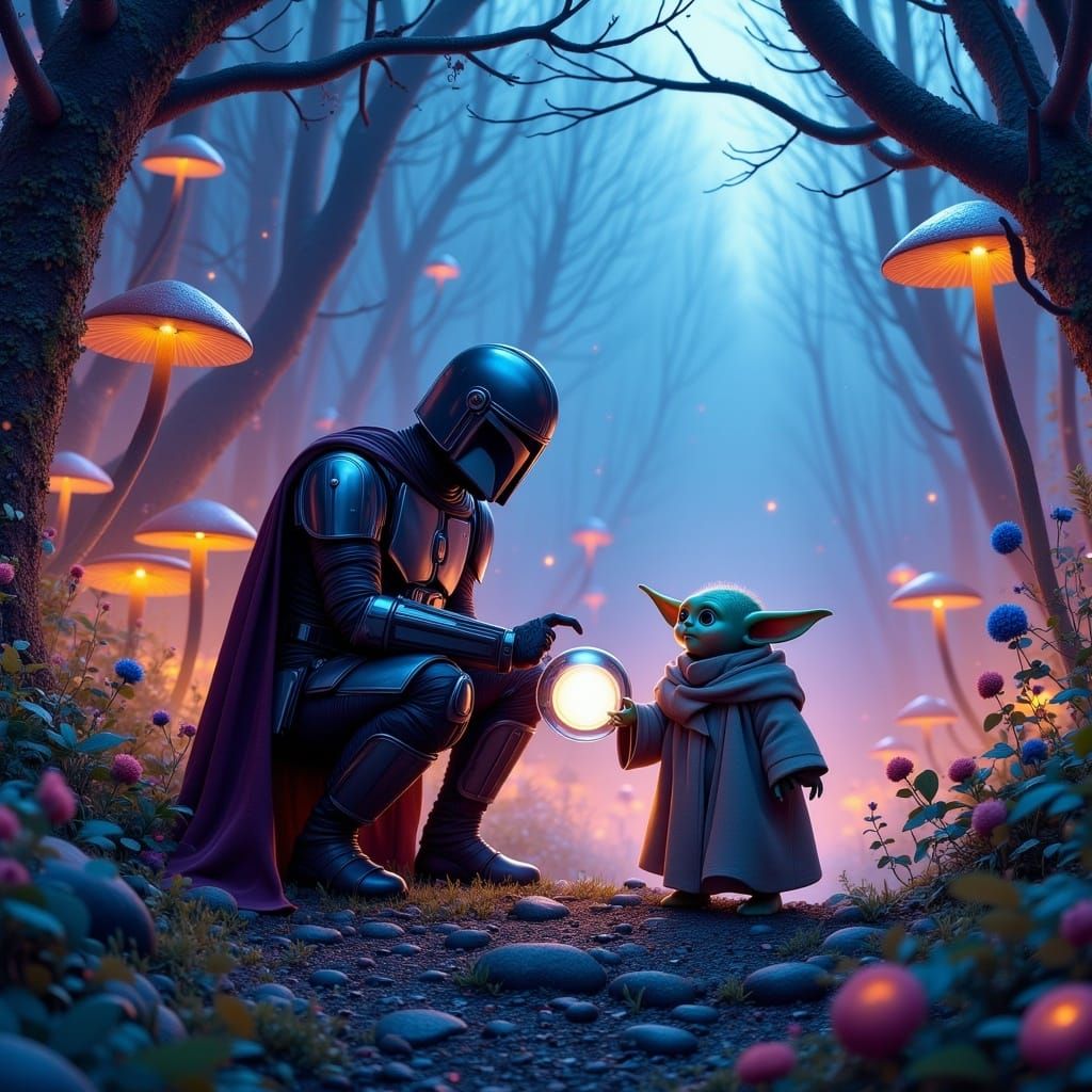 Mandalorian and Baby Yoda in Neon Forest