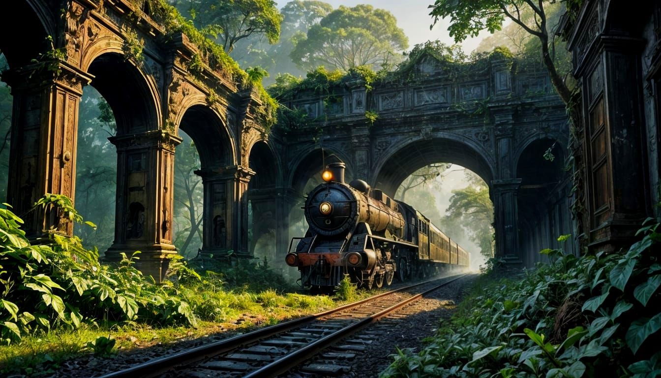 Hyper-Realistic Train in Abandoned Valley with Ivy-Draped Ru...