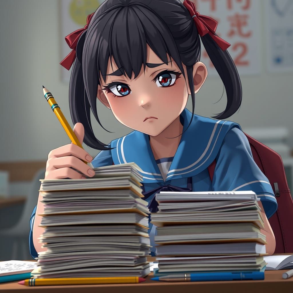 Disgruntled Teen Girl Scowls at Homework Pile in 3D Anime Ar...