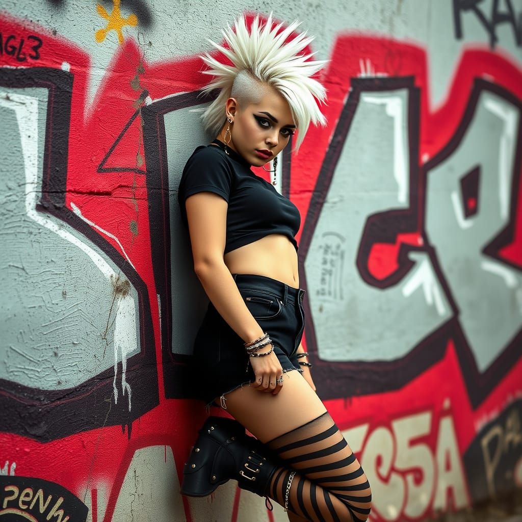 Rebellious Punk Goddess in 80s Graffiti Alley