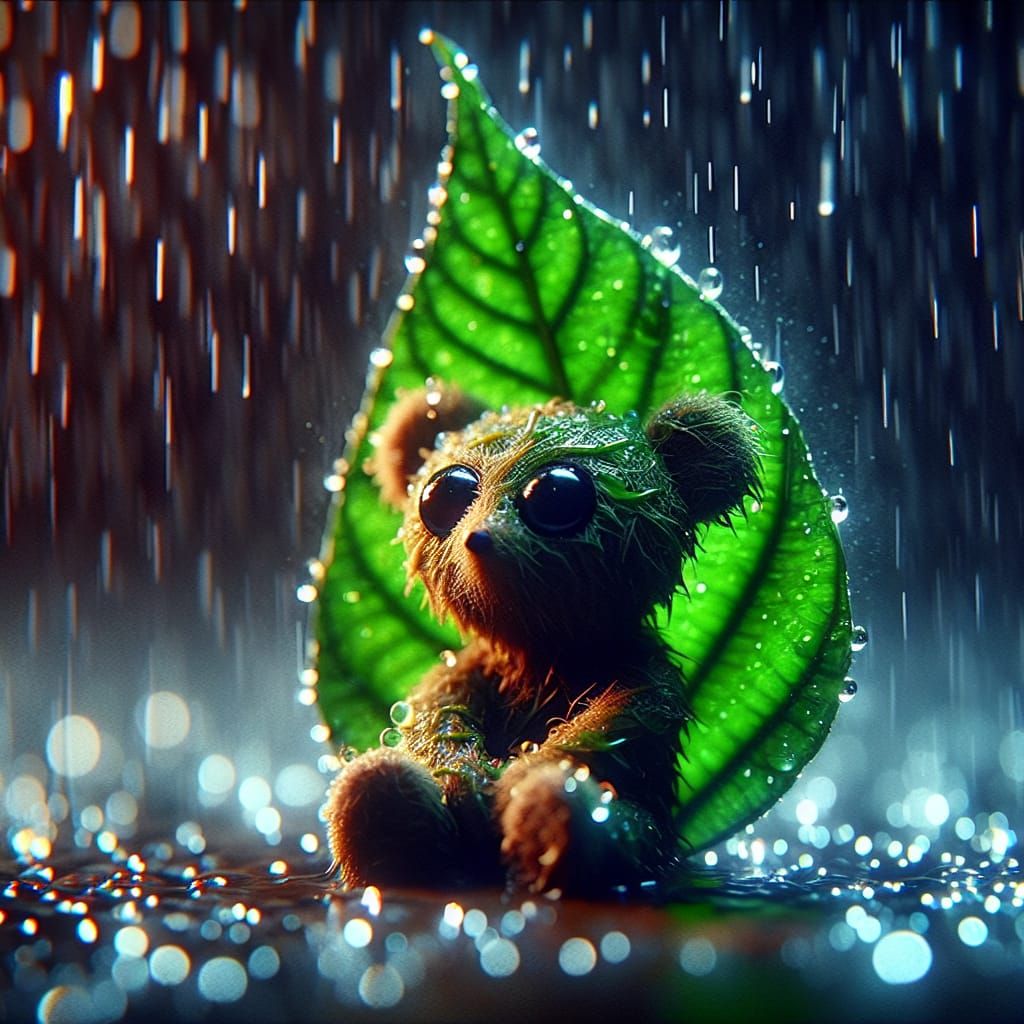 Cute Bear Leaf in Rain: Cinematic Film Still