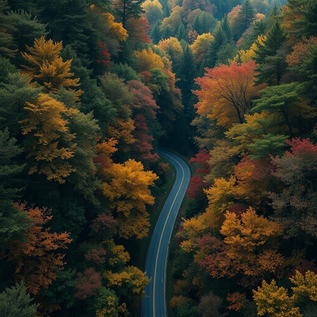 Winding Road Through Ancient Forest in Warm Light