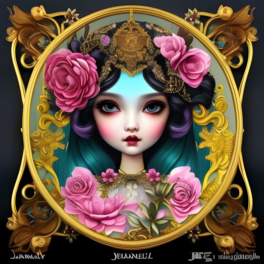 Doll with Surreal Flowers in Ornate dress, Cute Vintage Doll Princess