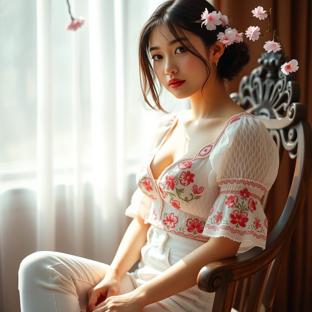 Young Woman in Embroidered Top and White Jeans